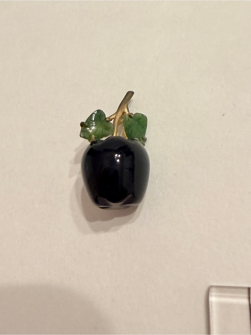 Vintage Carved Black Onyx & Jade Leaf Apple Fruit Pendant